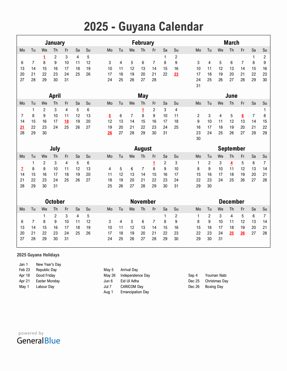 Year 2025 Simple Calendar With Holidays in Guyana