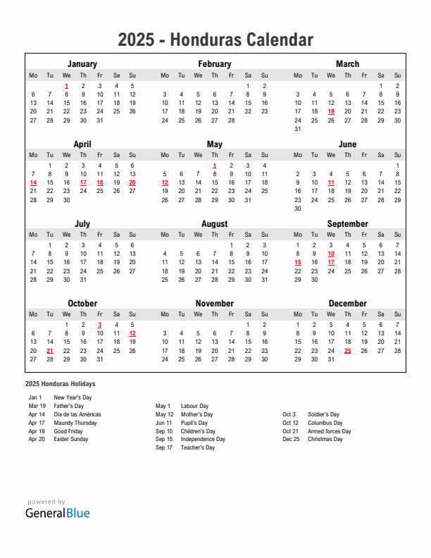 Year 2025 Simple Calendar With Holidays in Honduras