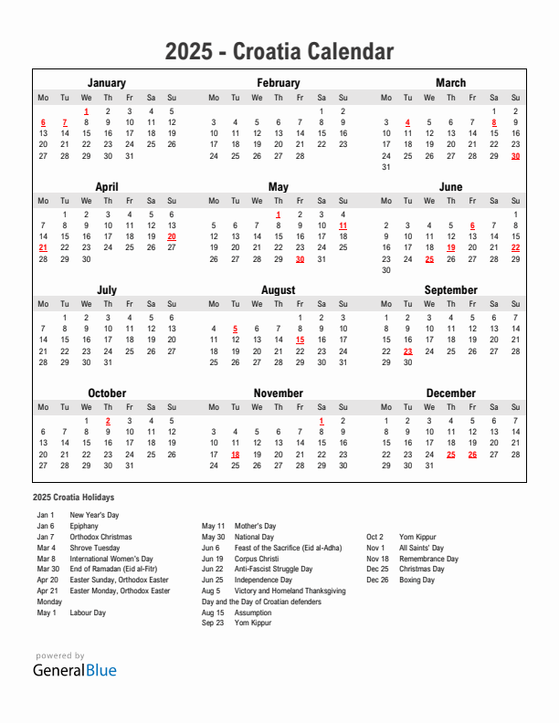 Year 2025 Simple Calendar With Holidays in Croatia