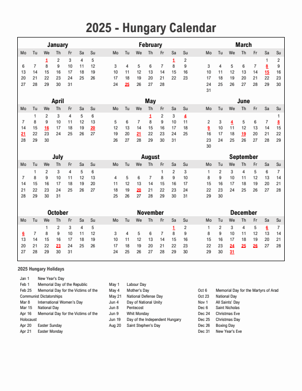 Year 2025 Simple Calendar With Holidays in Hungary