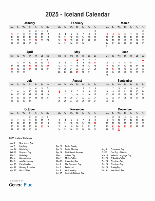Year 2025 Simple Calendar With Holidays in Iceland