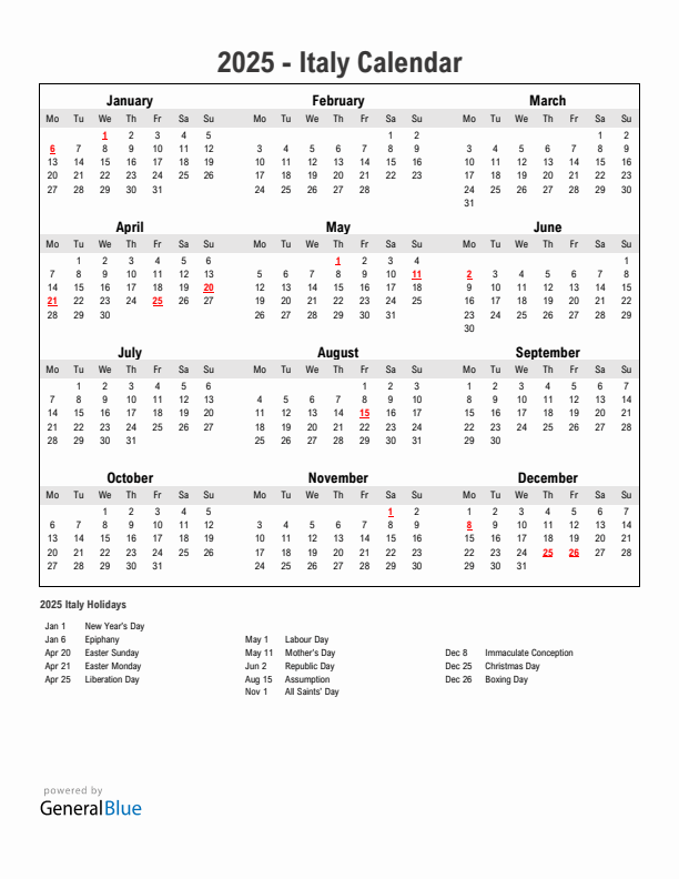 Year 2025 Simple Calendar With Holidays in Italy