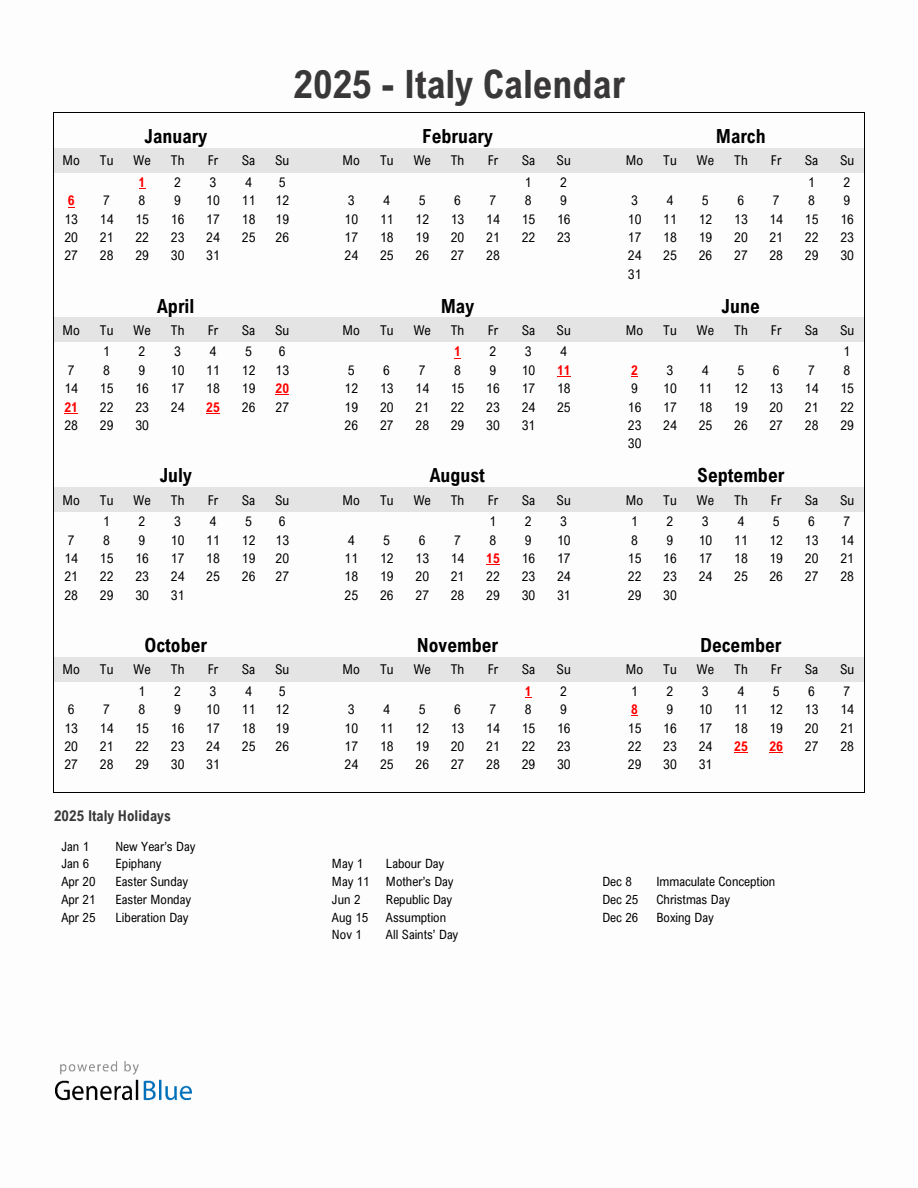 Year 2025 Simple Calendar With Holidays in Italy