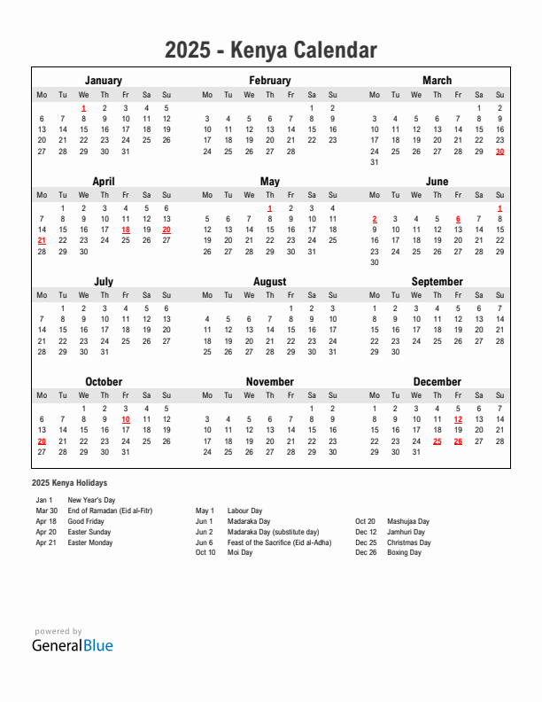 Year 2025 Simple Calendar With Holidays in Kenya