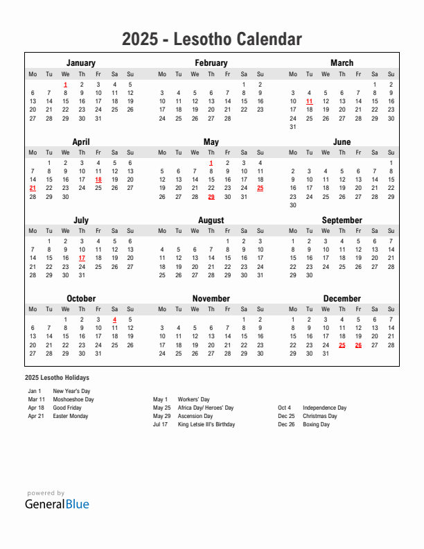Year 2025 Simple Calendar With Holidays in Lesotho