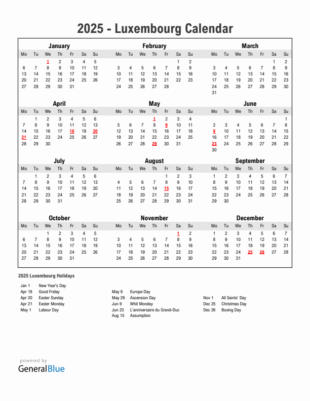 Year 2025 Simple Calendar With Holidays in Luxembourg