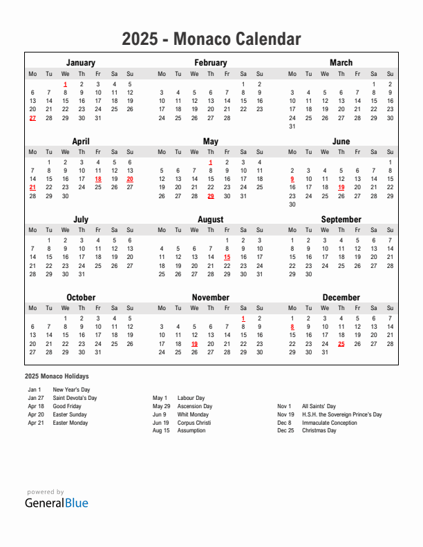 Year 2025 Simple Calendar With Holidays in Monaco