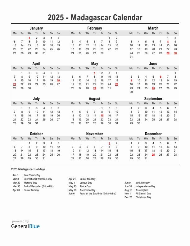 Year 2025 Simple Calendar With Holidays in Madagascar