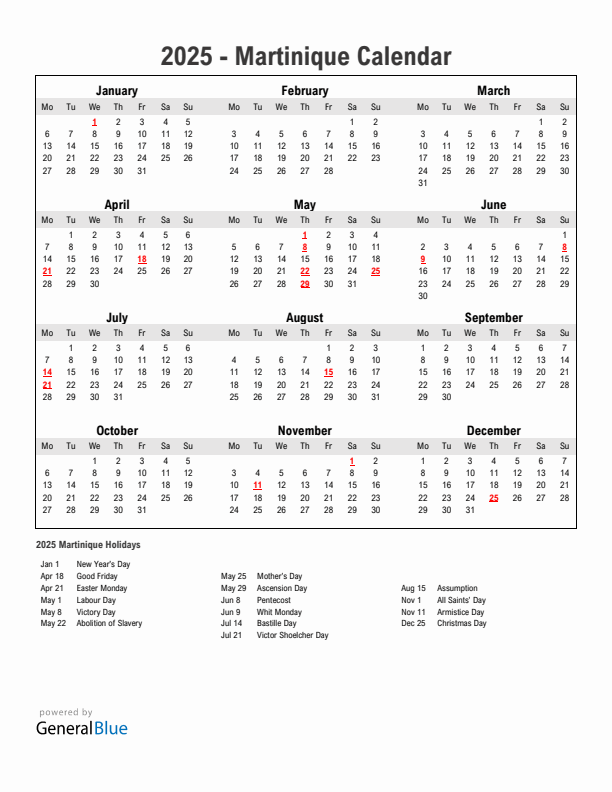 Year 2025 Simple Calendar With Holidays in Martinique