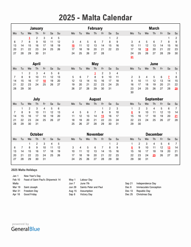 Year 2025 Simple Calendar With Holidays in Malta