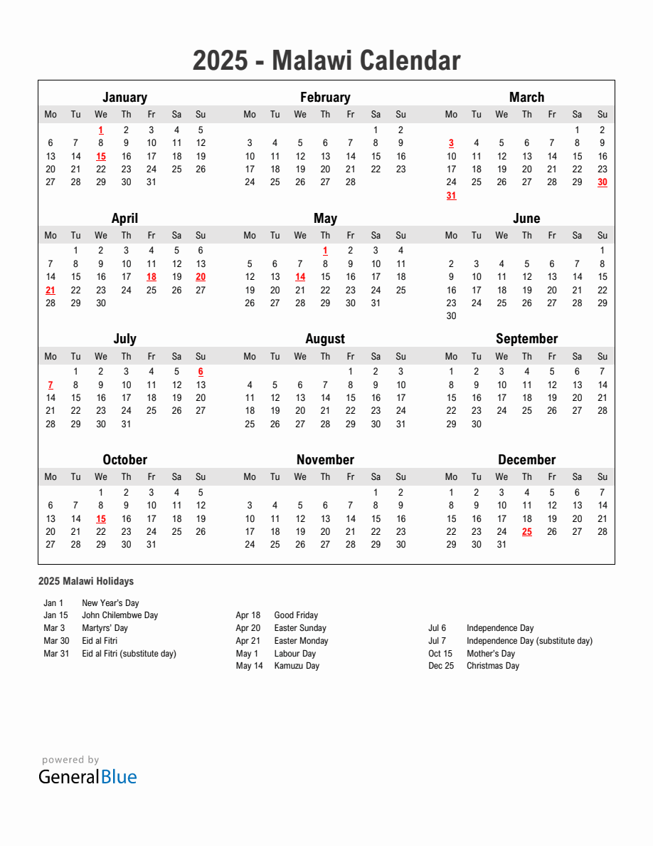 Year 2025 Simple Calendar With Holidays in Malawi