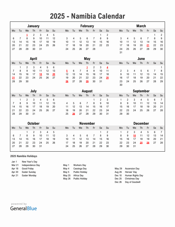 Year 2025 Simple Calendar With Holidays in Namibia