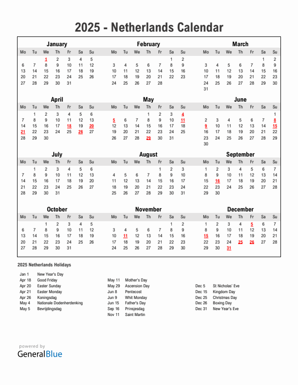 Year 2025 Simple Calendar With Holidays in The Netherlands