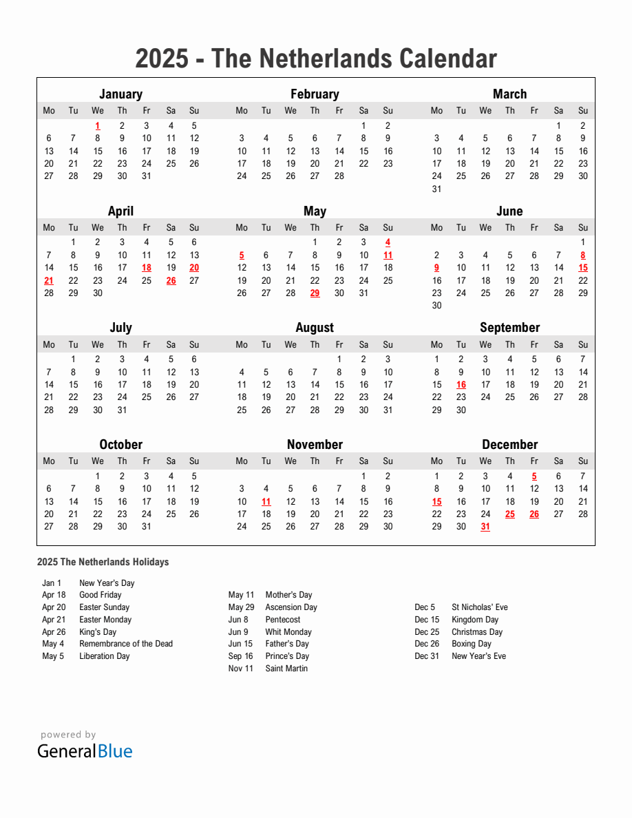 Year 2025 Simple Calendar With Holidays in The Netherlands