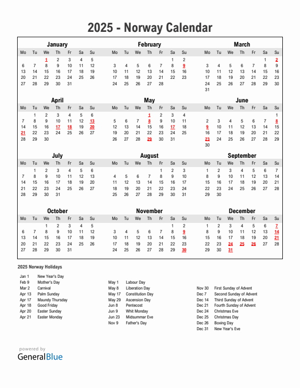 Year 2025 Simple Calendar With Holidays in Norway