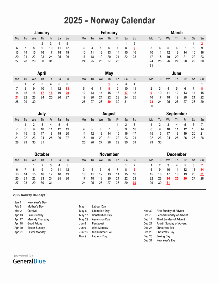 Year 2025 Simple Calendar With Holidays in Norway