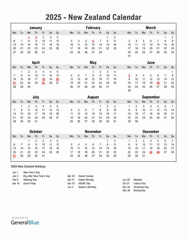 Year 2025 Simple Calendar With Holidays in New Zealand
