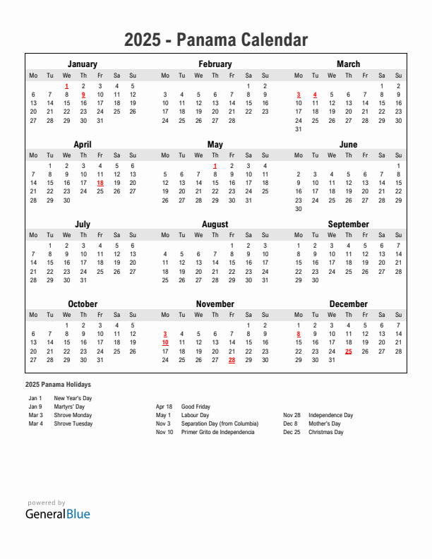 Year 2025 Simple Calendar With Holidays in Panama