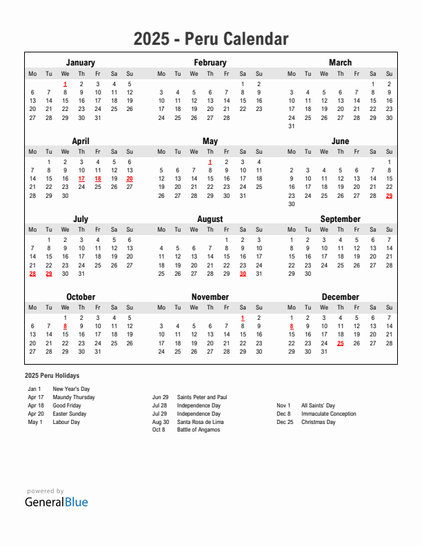 Year 2025 Simple Calendar With Holidays in Peru