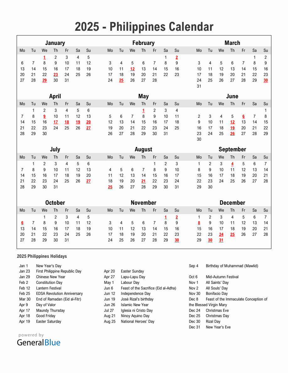 Year 2025 Simple Calendar With Holidays in Philippines