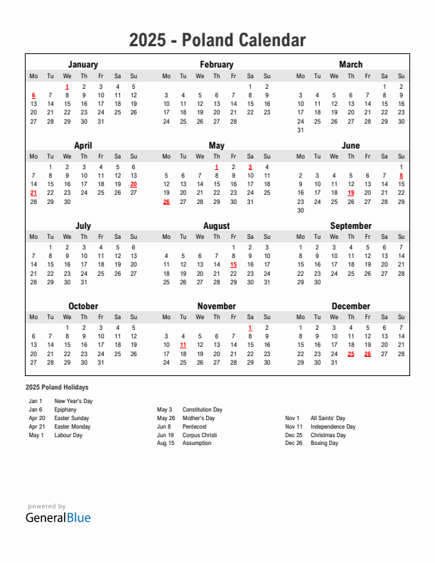 Year 2025 Simple Calendar With Holidays in Poland