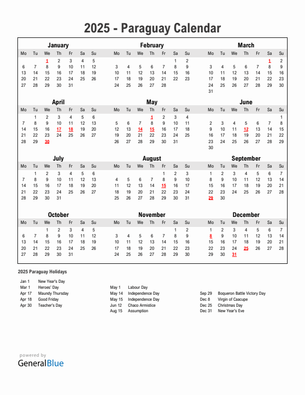 Year 2025 Simple Calendar With Holidays in Paraguay