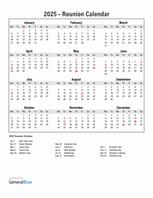 Year 2025 Simple Calendar With Holidays in Reunion