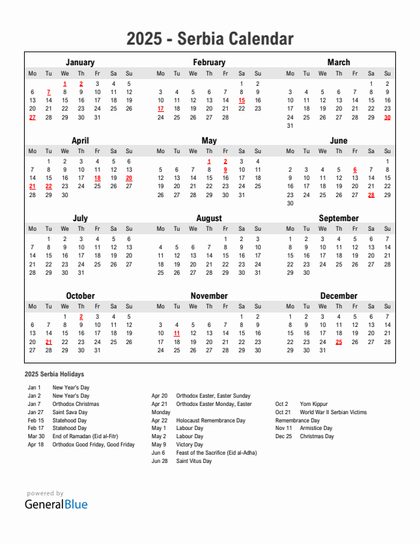 Year 2025 Simple Calendar With Holidays in Serbia