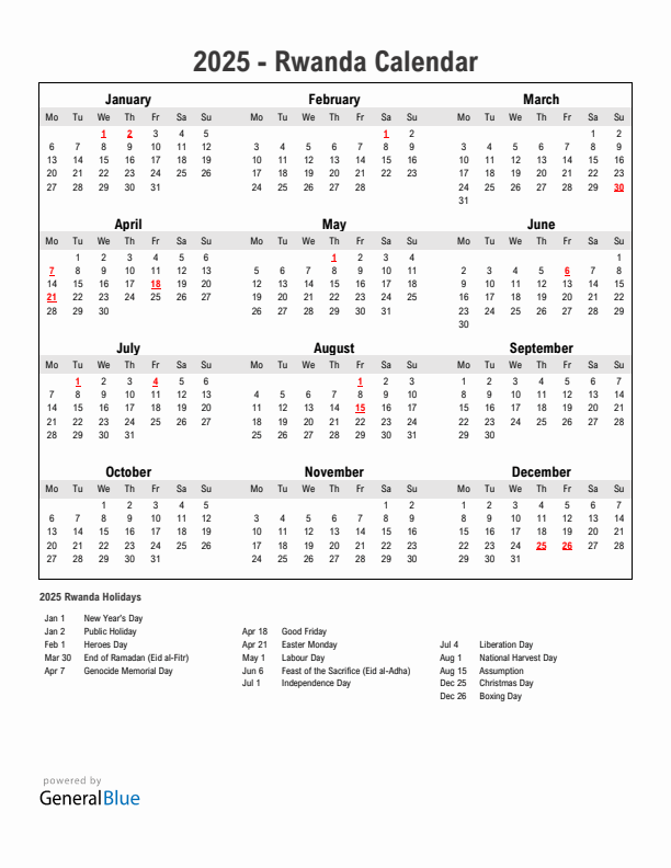 Year 2025 Simple Calendar With Holidays in Rwanda