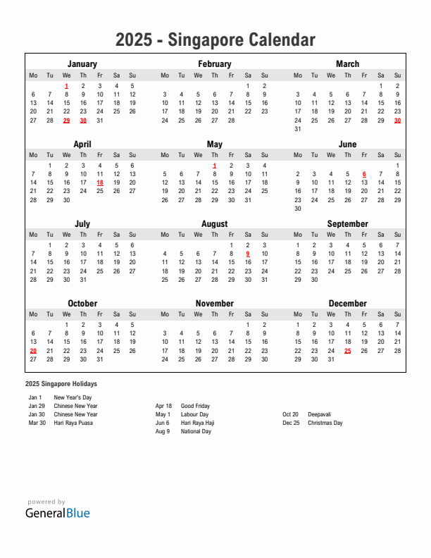 Year 2025 Simple Calendar With Holidays in Singapore