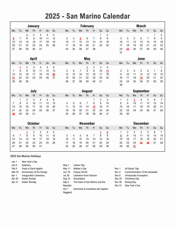 Year 2025 Simple Calendar With Holidays in San Marino