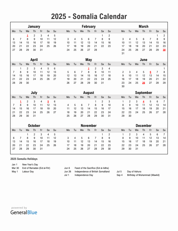 Year 2025 Simple Calendar With Holidays in Somalia