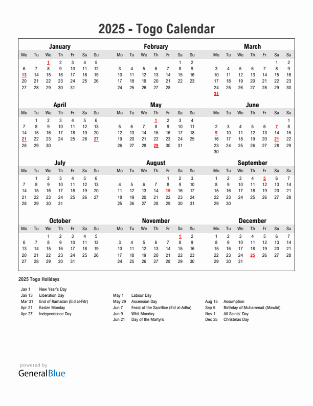 Year 2025 Simple Calendar With Holidays in Togo
