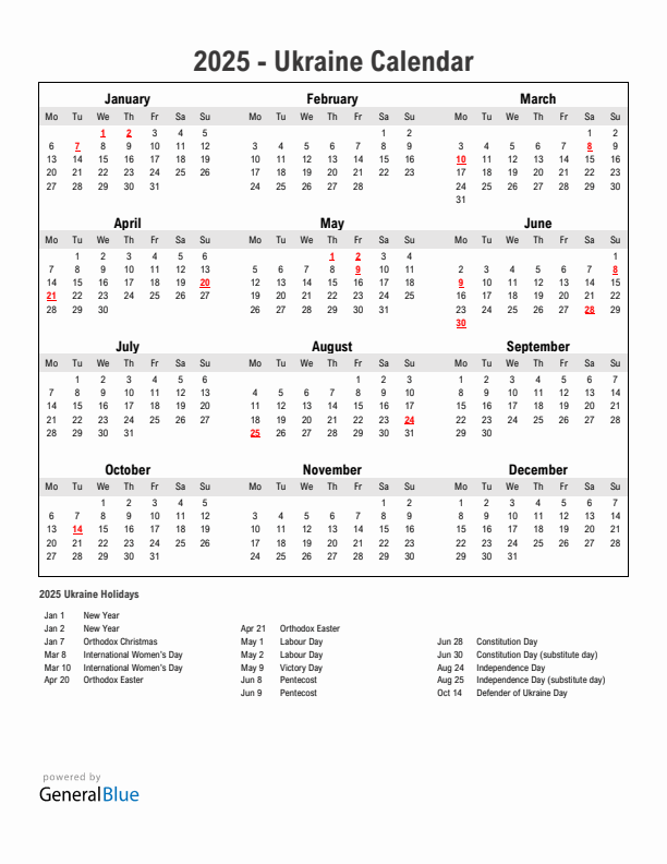 Year 2025 Simple Calendar With Holidays in Ukraine