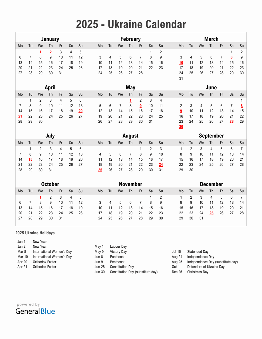 Year 2025 Simple Calendar With Holidays in Ukraine