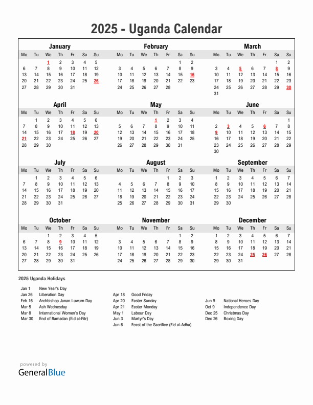 Year 2025 Simple Calendar With Holidays in Uganda