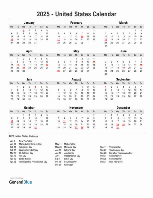 Year 2025 Simple Calendar With Holidays in United States