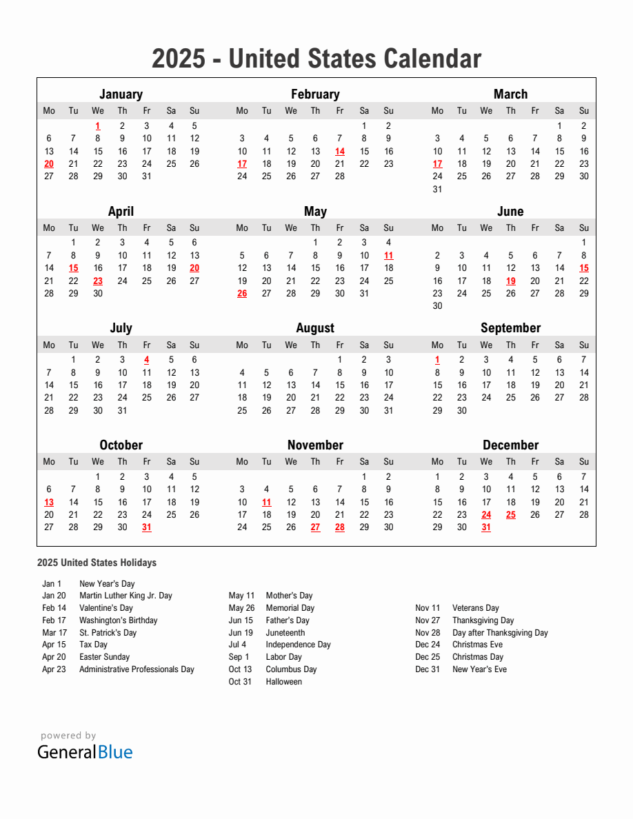 Year 2025 Simple Calendar With Holidays in United States