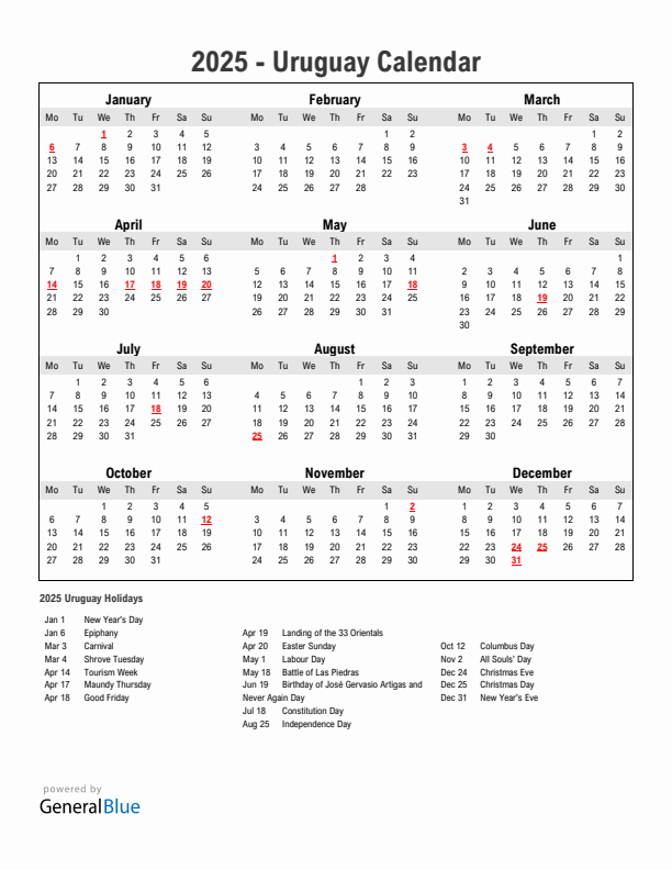Year 2025 Simple Calendar With Holidays in Uruguay