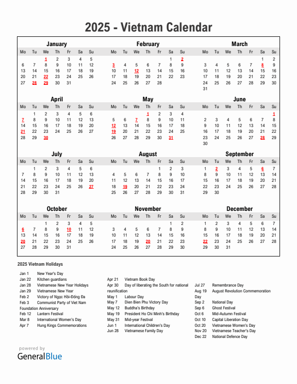Year 2025 Simple Calendar With Holidays in Vietnam