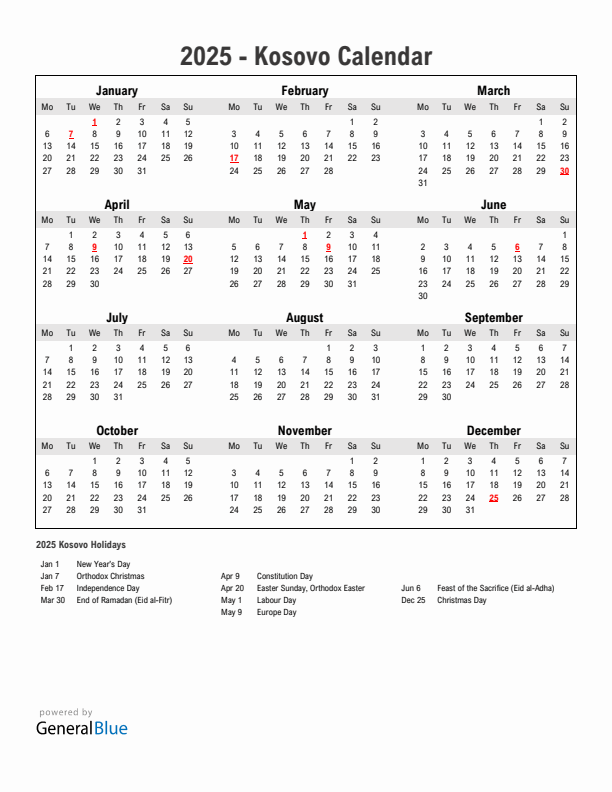 Year 2025 Simple Calendar With Holidays in Kosovo