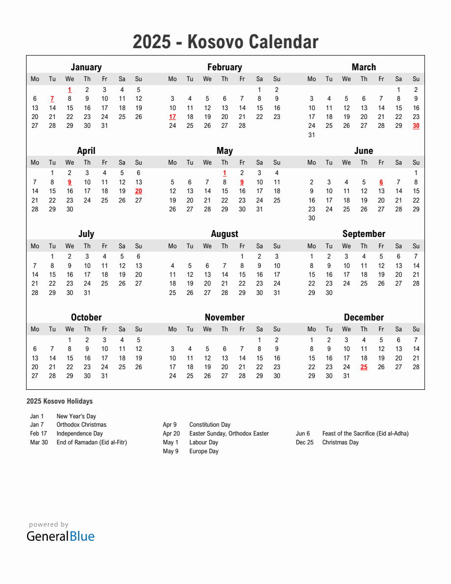 Year 2025 Simple Calendar With Holidays in Kosovo