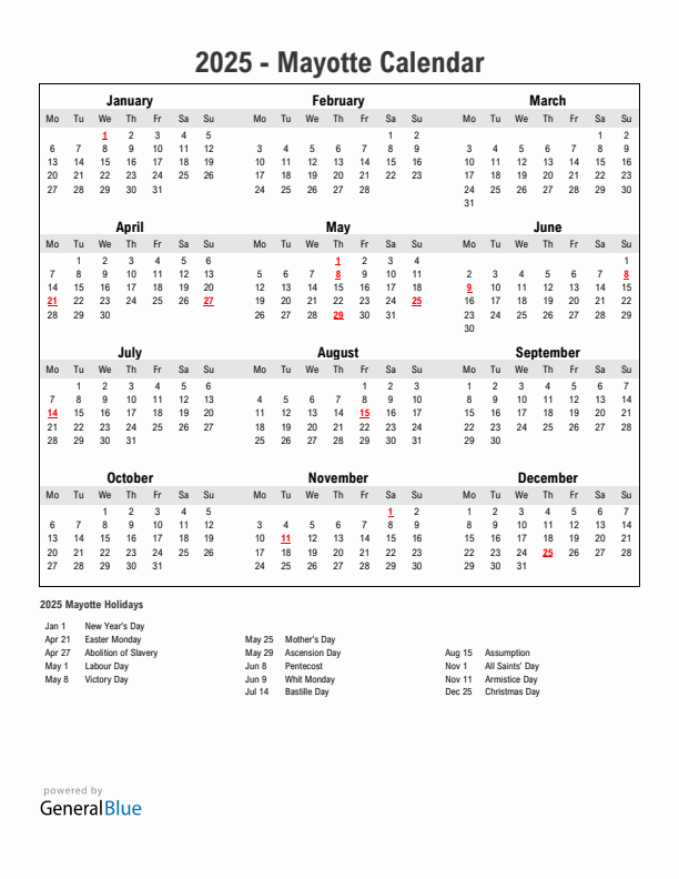 Year 2025 Simple Calendar With Holidays in Mayotte
