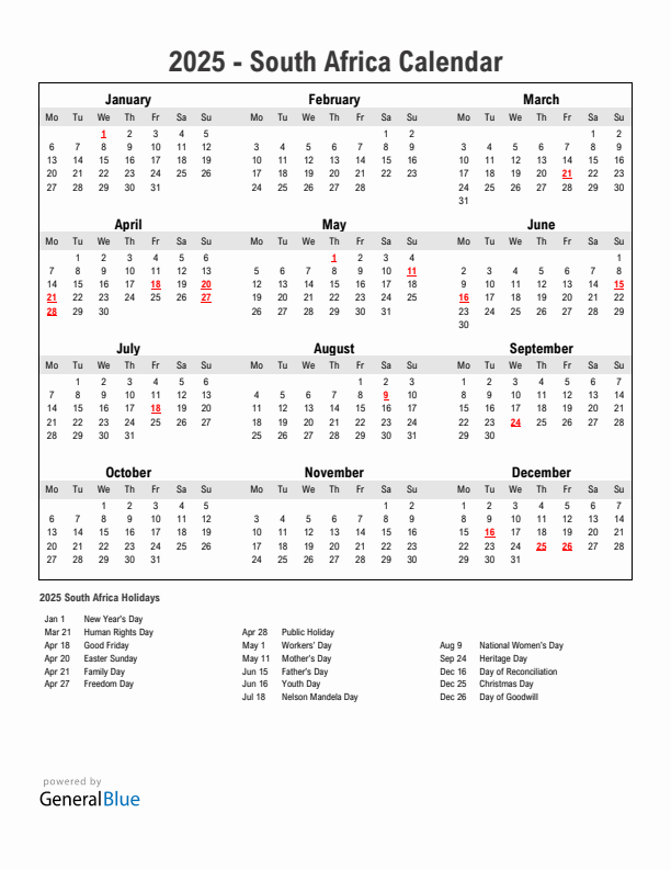 Year 2025 Simple Calendar With Holidays in South Africa
