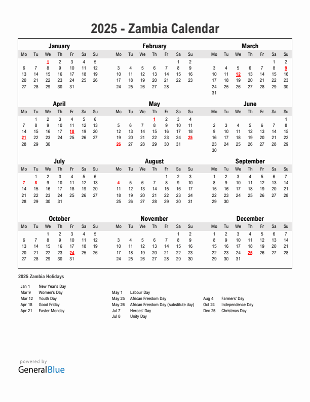 Year 2025 Simple Calendar With Holidays in Zambia