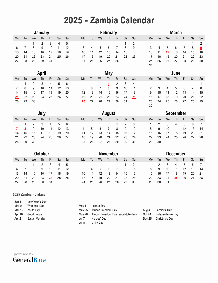 Year 2025 Simple Calendar With Holidays in Zambia