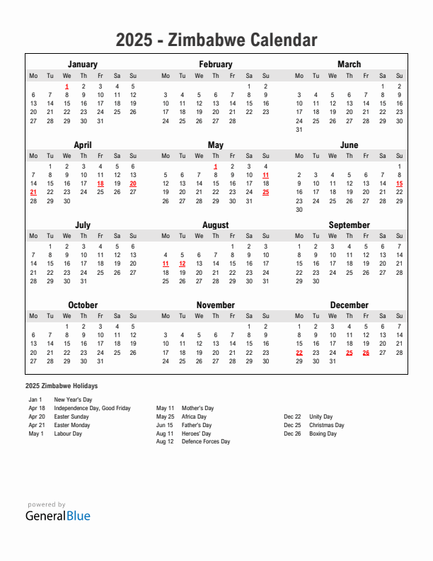 Year 2025 Simple Calendar With Holidays in Zimbabwe