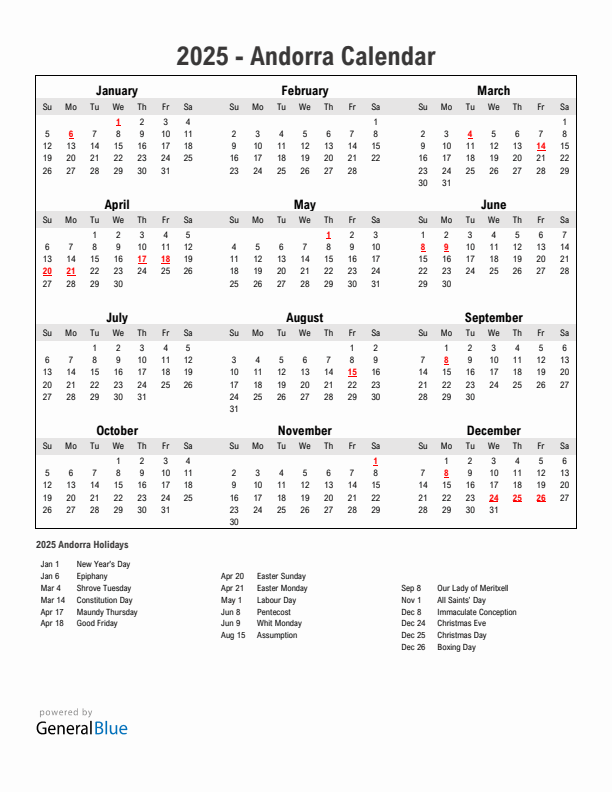 Year 2025 Simple Calendar With Holidays in Andorra