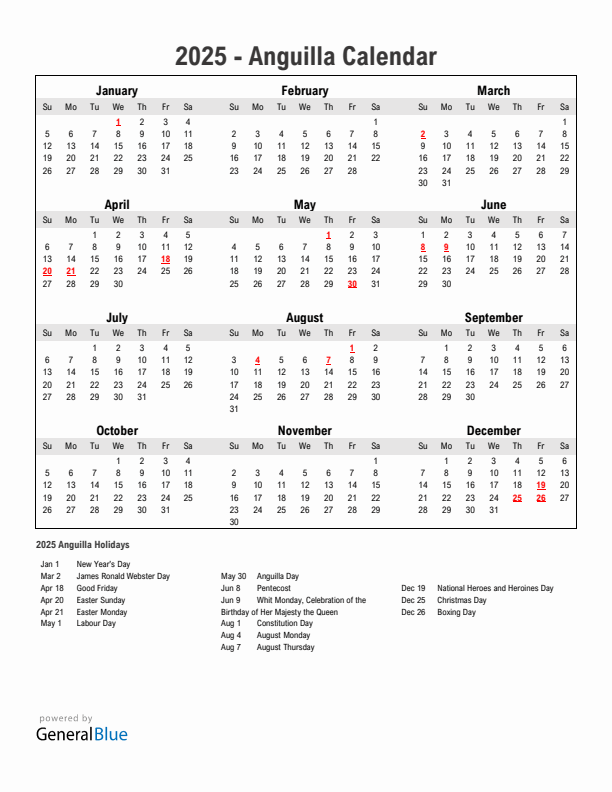 Year 2025 Simple Calendar With Holidays in Anguilla