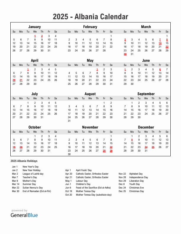 Year 2025 Simple Calendar With Holidays in Albania